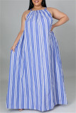 Dark Blue Fashion Casual Plus Size Striped Print Backless O Neck Sleeveless Dress