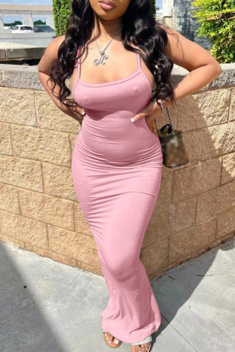 Vestido longo rosa sexy casual sem costas com fenda e alça de espaguete
