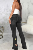 Black Fashion Casual Embroidery Ripped High Waist Regular Flare Leg Denim Jeans