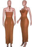 Brown Sexy Solid Patchwork See-through Spaghetti Strap One Step Skirt Dresses