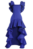 Vestidos tamanho grande azul fashion com babados e gola quadrada irregulares