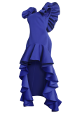 Blue Fashion Solid Flounce Square Collar Irregular Dress Plus Size Dresses