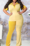 Yellow Fashion Casual Solid Patchwork Turndown Collar Plus Size Two Pieces