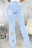 Blue Fashion Casual Embroidery Ripped High Waist Regular Flare Leg Denim Jeans