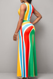 Multicolor Rainbow Sexy Striped Print Patchwork V Neck Straight Mermaid Hem Tank Bodycon Maxi Dresses