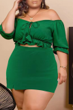 Negro Sexy Solid Draw String Off the Shoulder Plus Size Dos piezas