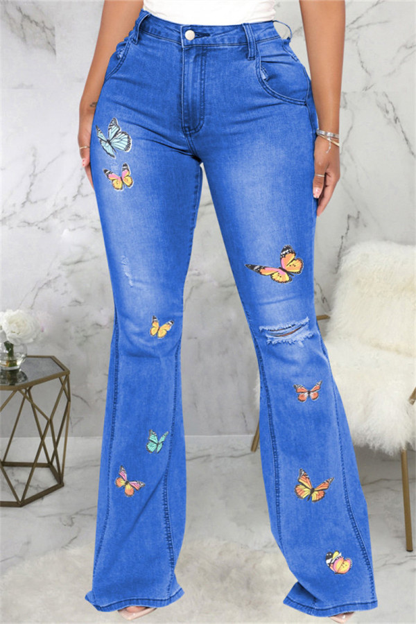 Jeans de mezclilla regular de cintura alta rasgados con bordado casual de moda azul