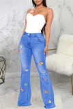 Baby Blue Fashion Casual Embroidery Ripped High Waist Regular Flare Leg Denim Jeans