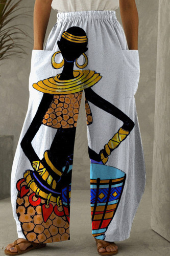 Light Gray Fashion Casual Print Patchwork Pocket Regular High Waist Trousers