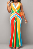 Multicolor Rainbow Sexy Striped Print Patchwork V Neck Straight Mermaid Hem Tank Bodycon Maxi Dresses