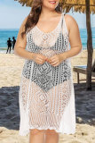 Vestido de playa con cuello en V transparente ahuecado sólido de talla grande sexy de moda blanco