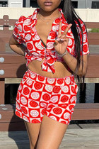 Красный модный повседневный принт с отложным воротником и коротким рукавом из двух частей