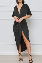 Schwarzes, modisches, lässiges, solides Patchwork-Kleid mit V-Ausschnitt und kurzen Ärmeln
