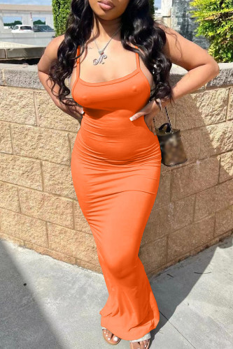 Abito lungo con cinturino per spaghetti senza spalline con spacco sul retro solido casual arancione sexy