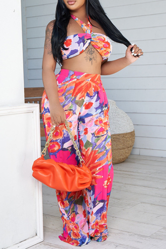 Rose Red Casual Print Patchwork Strapless Sleeveless Two Pieces
