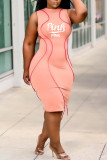 ピンク カジュアル プリント タッセル パッチワーク O ネック ワンステップ スカート ドレス