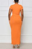 オレンジファッションカジュアルソリッドドローストリング小帯スリットOネック半袖ドレスドレス
