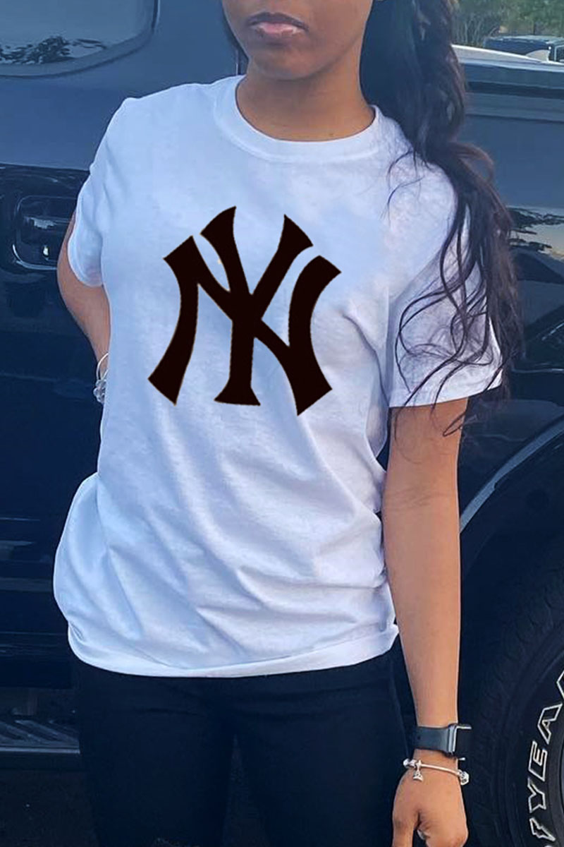 

White Fashion Casual Print Letter O Neck T-Shirts