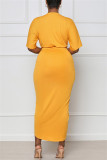Gelbes, modisches, lässiges, solides Patchwork-Kleid mit V-Ausschnitt und kurzen Ärmeln