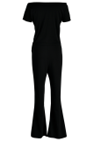 Schwarzer, modisch bedruckter Patchwork-Jumpsuit mit Boot-Cut-Ausschnitt und einer Schulter