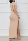Apricot Fashion Casual Solid Draw String Frenulum Schlitz O-Ausschnitt Kurzarm Kleid Kleider