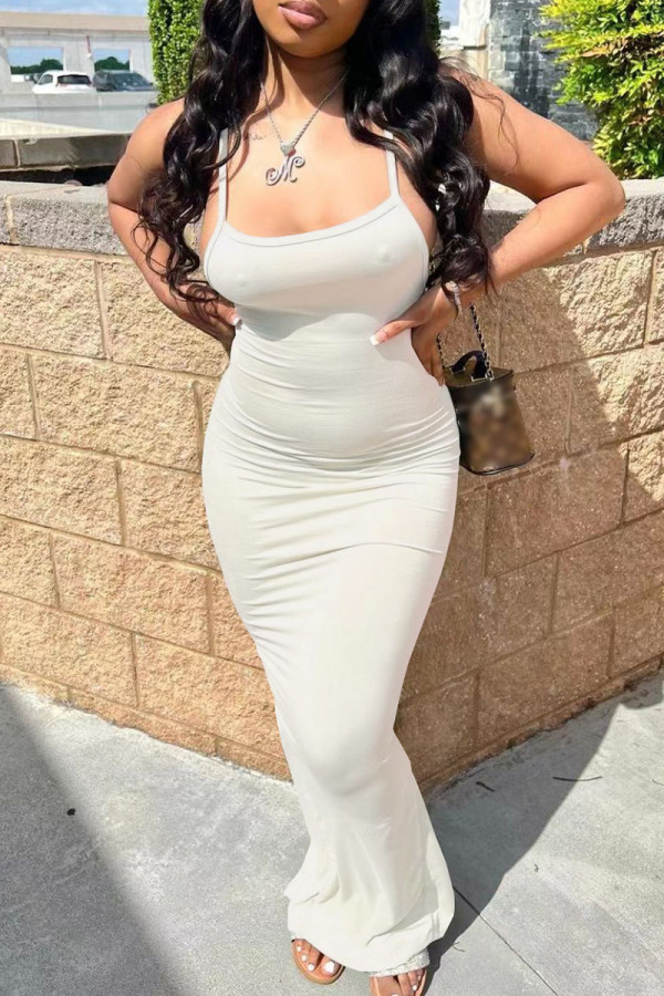 Vestido longo branco sexy casual sem costas com fenda e alça de espaguete