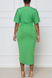 Зеленое модное повседневное однотонное лоскутное платье с V-образным вырезом и коротким рукавом