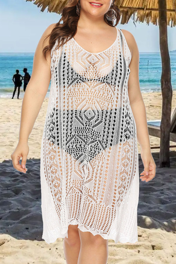 Белое модное сексуальное однотонное прозрачное пляжное платье больших размеров больших размеров с V-образным вырезом