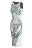 Weiß Sexy Print Patchwork U-Ausschnitt Weste Kleid Kleider