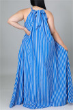 Lichtblauwe mode casual plus size gestreepte print backless O-hals mouwloze jurk