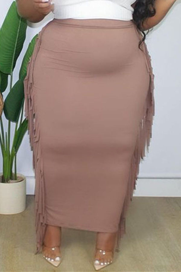Хаки Модная повседневная однотонная лоскутная юбка с кисточками большого размера