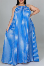Donkerblauwe mode casual plus size gestreepte print backless O-hals mouwloze jurk