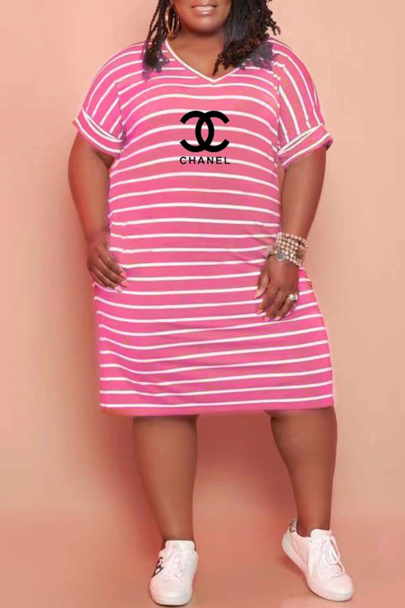 

Rose Red Fashion Casual Striped Letter V Neck Straight Plus Size Dresses
