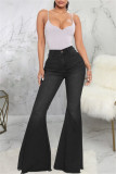 Schwarze, modische, lässige, solide Patchwork-Jeans mit hoher Taille und Boot-Cut-Denim