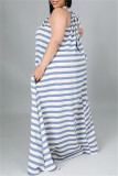 Dark Blue Fashion Casual Plus Size Striped Print Backless O Neck Sleeveless Dress