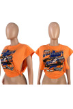 Orange Casual Street Print Bandage ausgehöhlte Patchwork-T-Shirts mit O-Ausschnitt