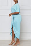 Blaues, modisches, lässiges, solides Patchwork-Kleid mit V-Ausschnitt und kurzen Ärmeln
