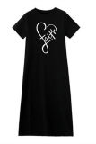 Schwarzes, modisches, lässiges, kurzärmliges Kleid mit Schlitz und O-Ausschnitt