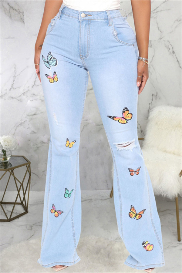 Babyblauwe, casual jeans met geborduurde gescheurde hoge taille, normale denim