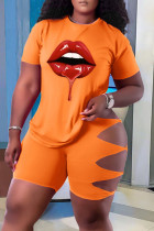 Oranje Mode Casual Lippen Bedrukt Gescheurd Uitgehold O-hals Plus Size Twee Stukken