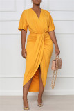 Gele mode casual effen patchwork jurk met V-hals en korte mouwen