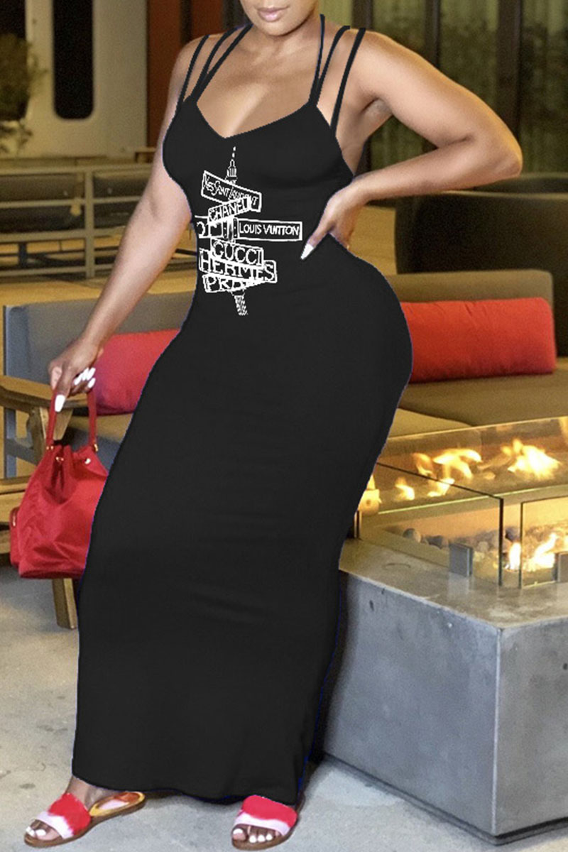

Black Fashion Casual Print Letter Spaghetti Strap One Step Skirt Dresses