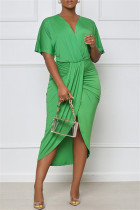 Groene mode casual effen patchwork jurk met V-hals en korte mouwen