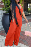 Orange Fashion Casual Solid Basic V Neck Regular Jumpsuits