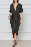 Zwarte mode casual effen patchwork jurk met V-hals en korte mouwen