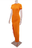オレンジファッションカジュアルソリッドドローストリング小帯スリットOネック半袖ドレスドレス