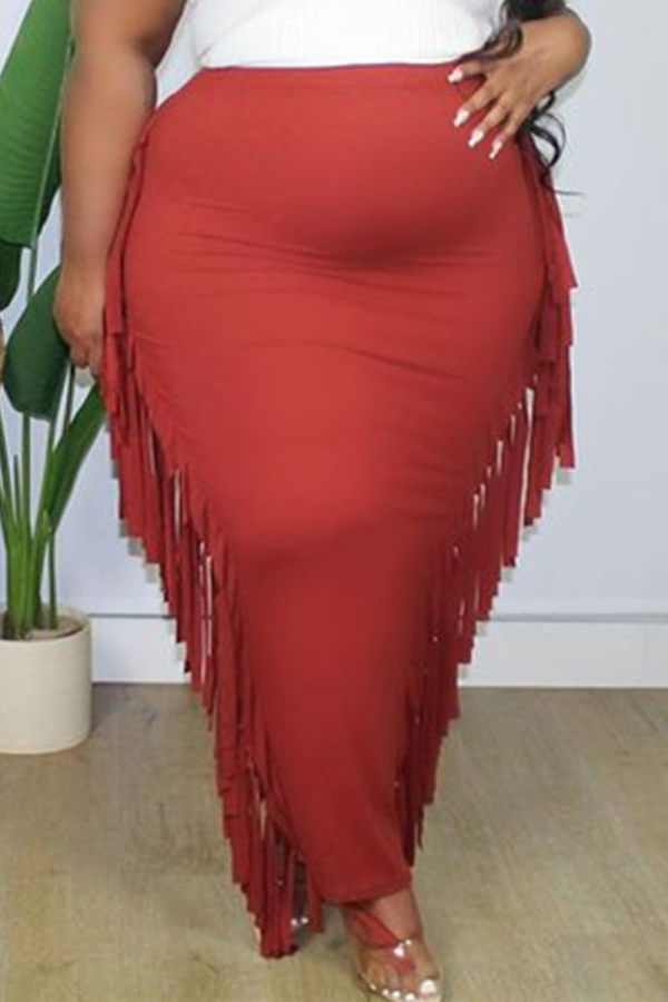 Falda de talla grande con retazos de borlas sólidas informales de moda rojo mandarina