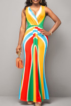 Rechte jurken met veelkleurige sexy gestreepte print en patchwork met V-hals
