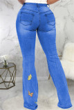 Blå Mode Casual Broderi Ripped High Waist Regular Denim Jeans