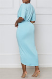 Blå Mode Casual Solid Patchwork V-ringad kortärmad klänning